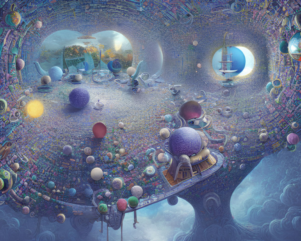 Colorful Surreal Room with Spheres and Balloon-like Objects