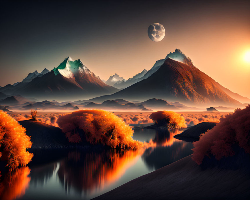 Vibrant orange trees, snow-capped mountains, serene river in surreal sunset landscape