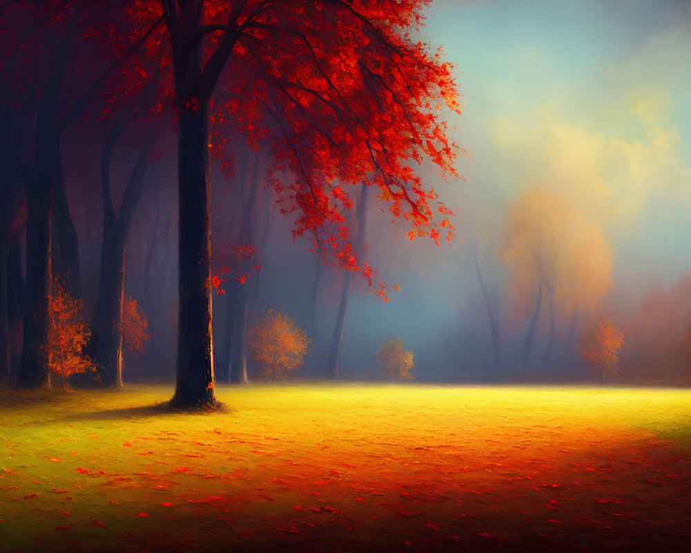 Vibrant red and orange autumn leaves in serene scene