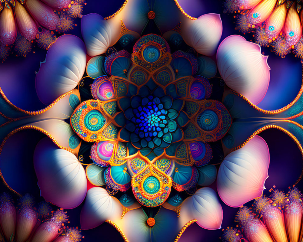 Colorful digital fractal art: intricate patterns in a blooming flower design