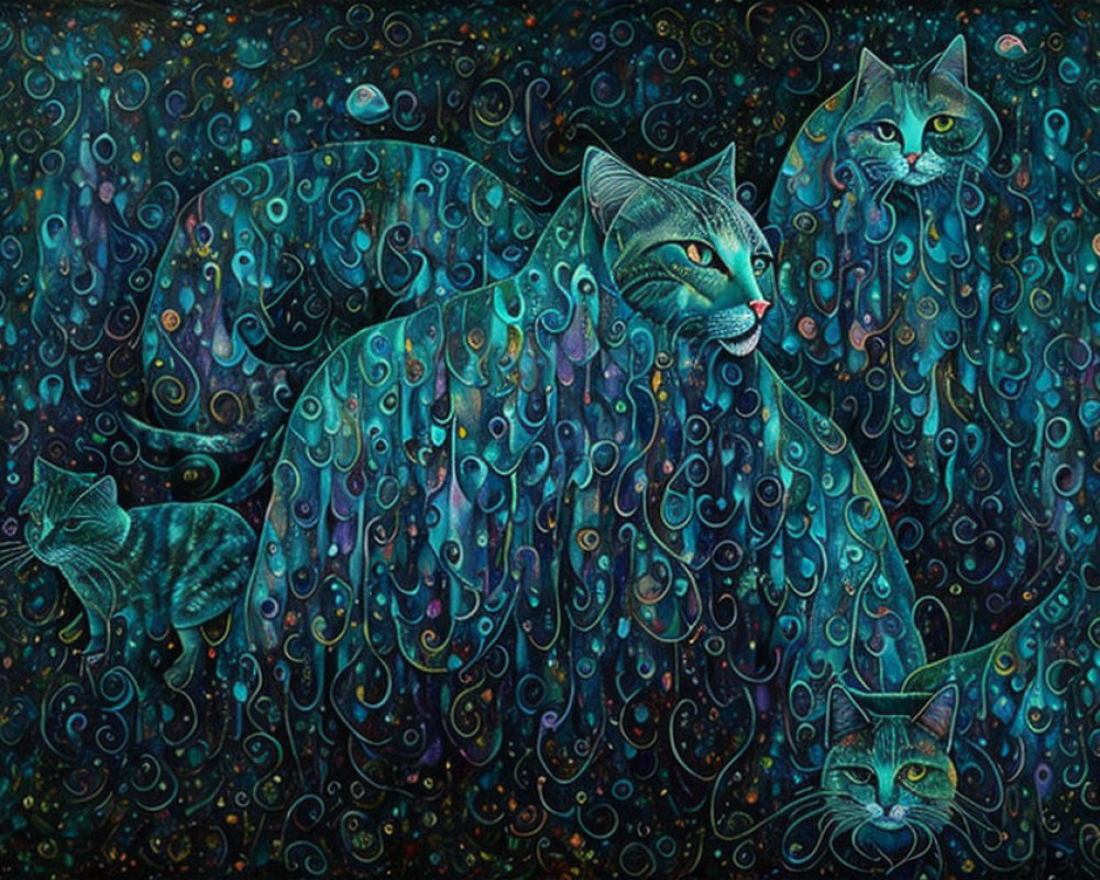 Colorful cosmic painting with blue cats in swirling patterns on a starry background