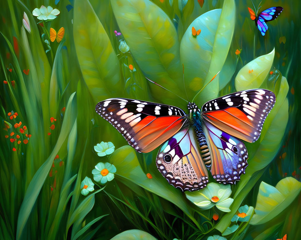 Colorful Butterfly Perched on Foliage with Smaller Butterflies and Flowers