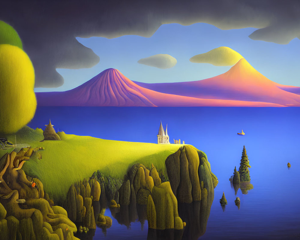 Vibrant surreal landscape: calm lake, twin volcanoes, house, boat