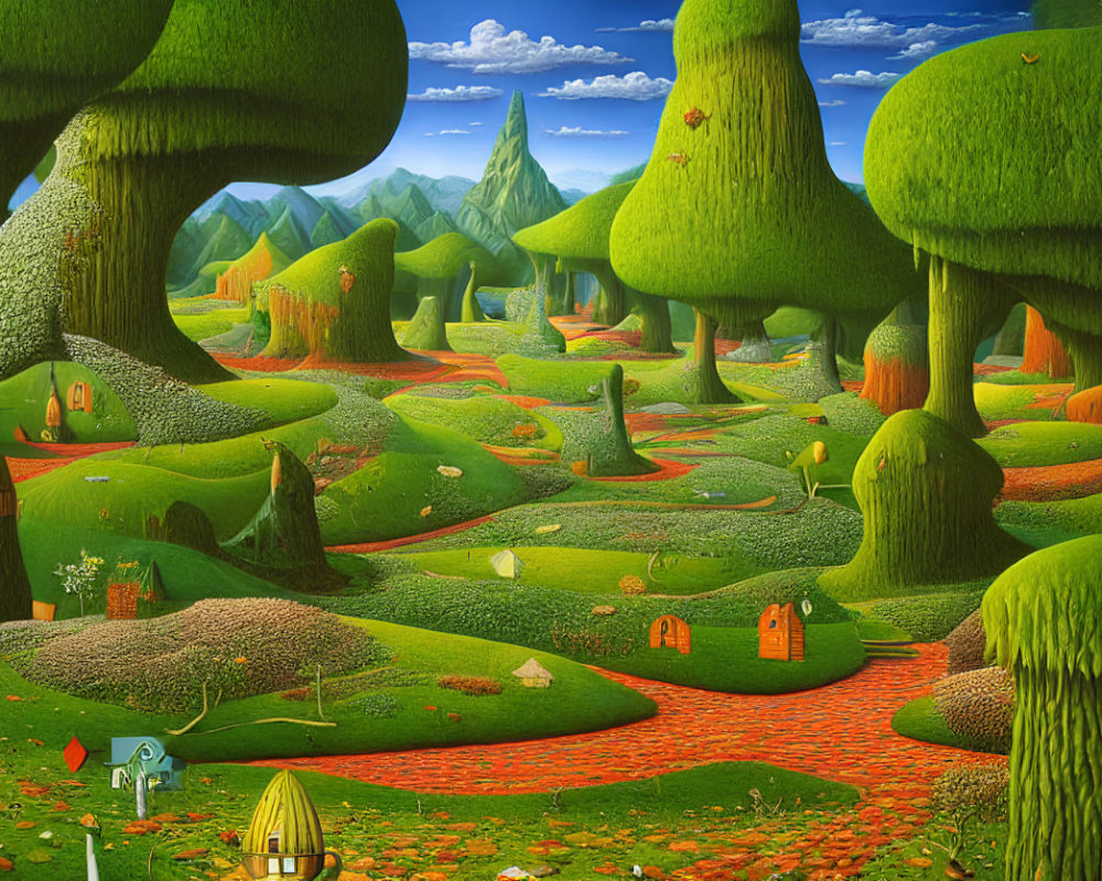 Vibrant green landscape with oversized mushrooms, winding paths, tiny houses, and rolling hills under a