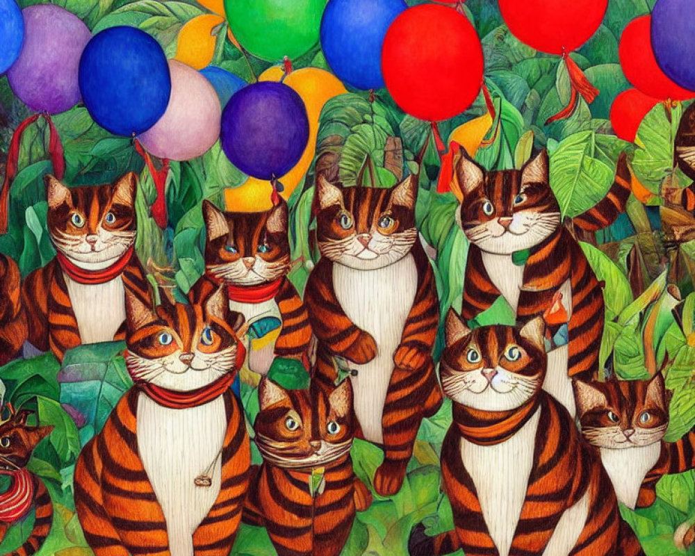 Whimsical illustration: Striped cats with colorful balloons