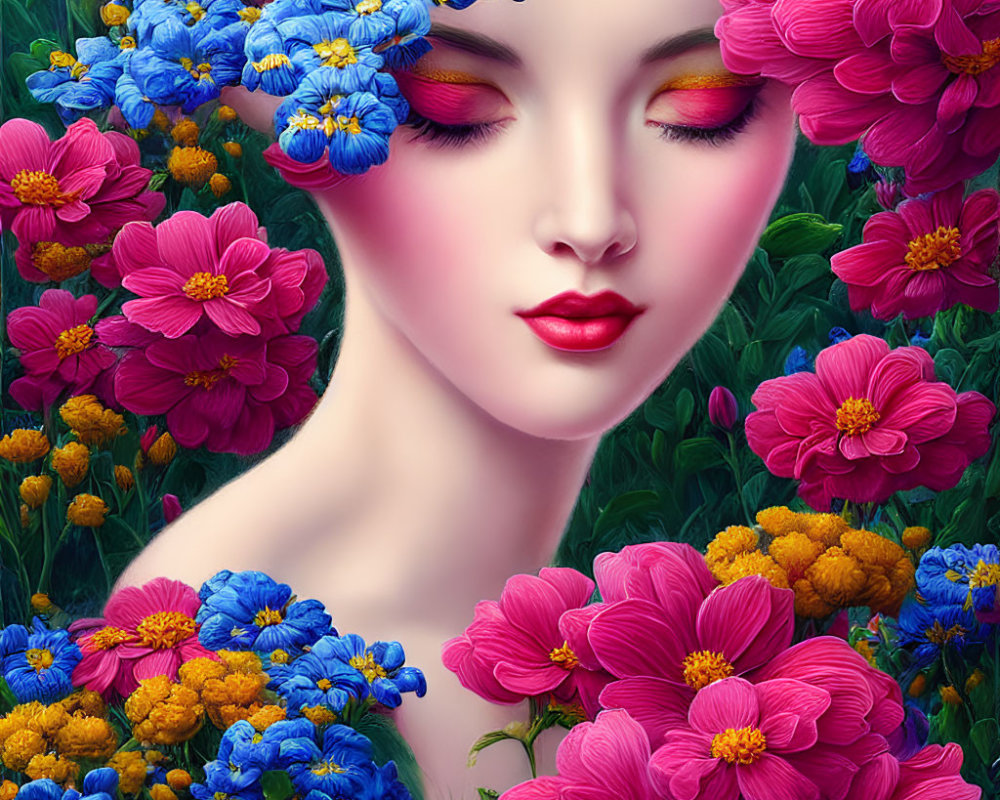 Woman's face surrounded by vibrant blue and pink flowers in serene artwork