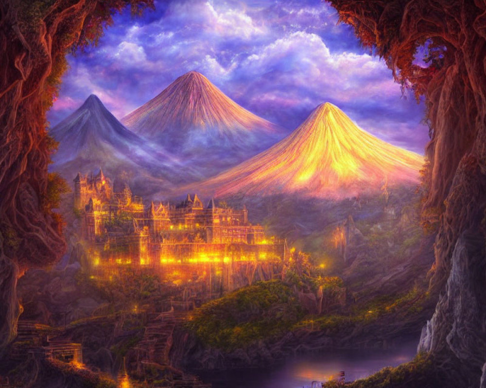 Fantastical landscape with illuminated castle between twin volcanoes