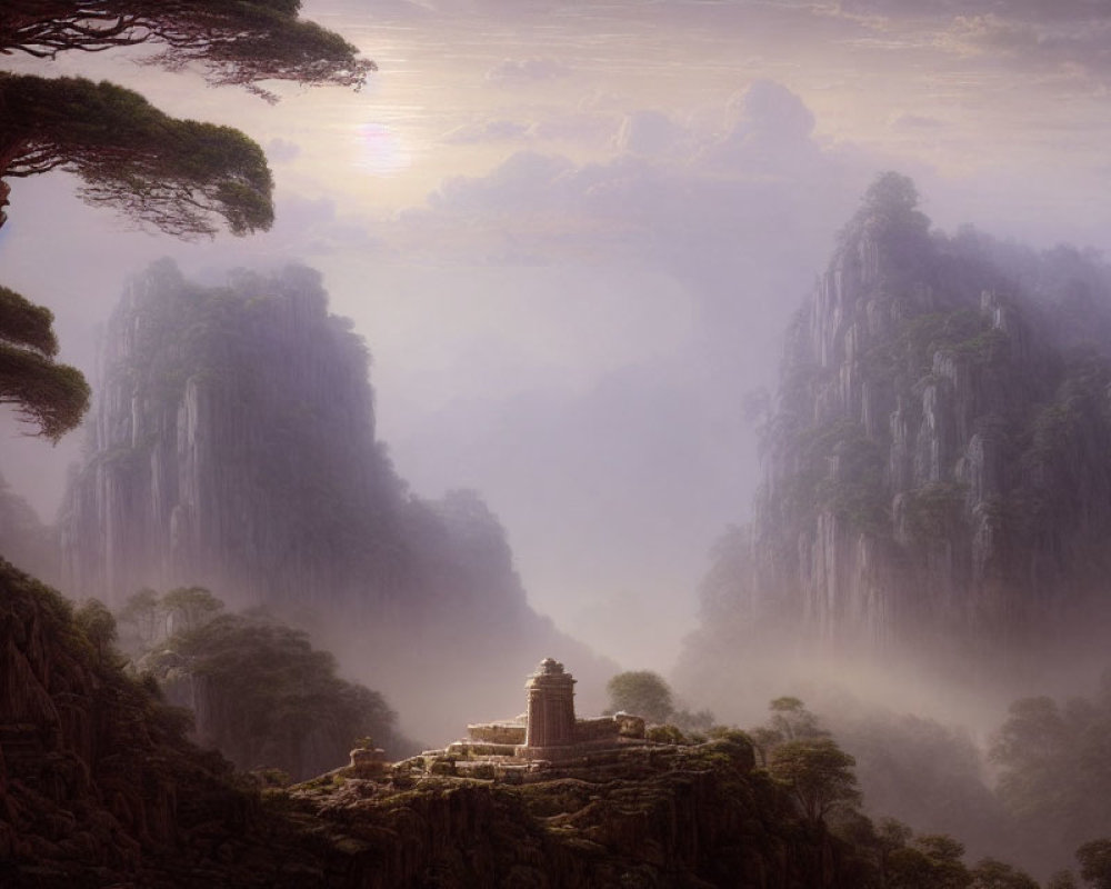 Misty mountain peaks, majestic tree, ancient temple in warm glow