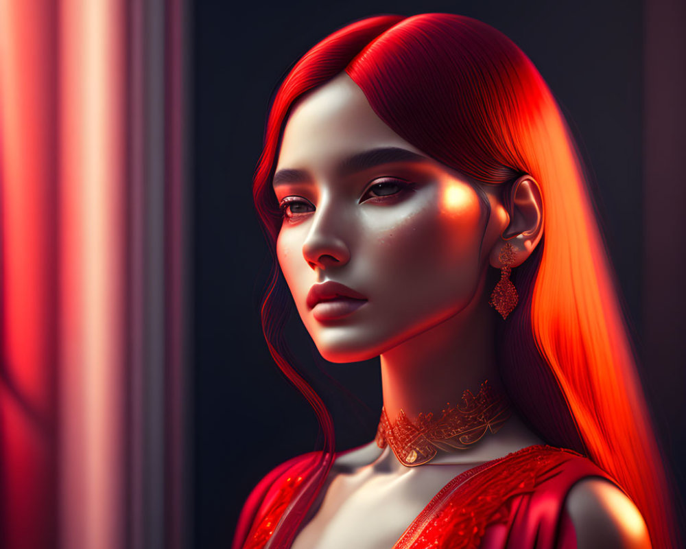 Portrait of woman with luminescent red hair and elegant dress in soft glow