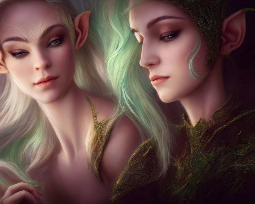 Ethereal elves with pointed ears in dreamy setting