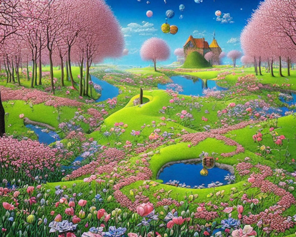 Colorful landscape with pink trees, rivers, cottage, and flowers under blue sky