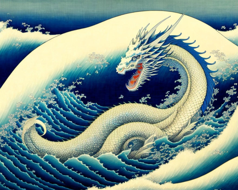 Blue and white dragon in traditional Asian-style illustration among towering waves and clouds