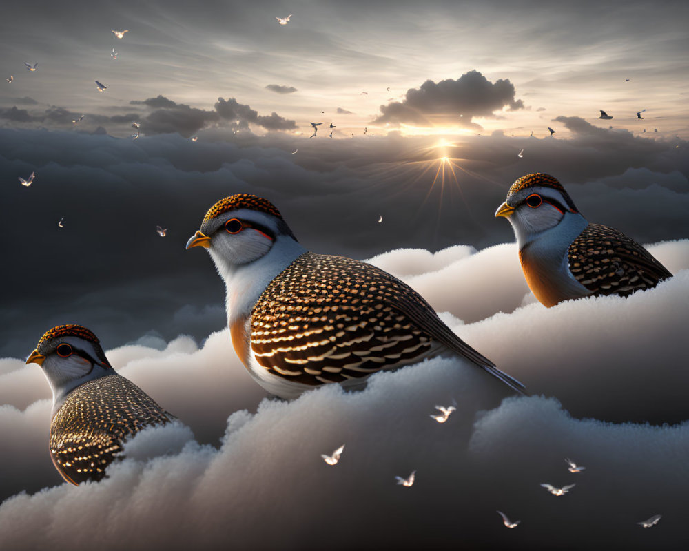 Stylized birds on clouds with sunset and flying birds in background