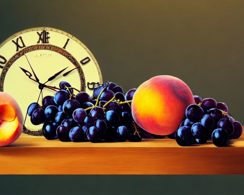 Ripe grapes, peach, vintage clock on wooden surface in soft-lit backdrop