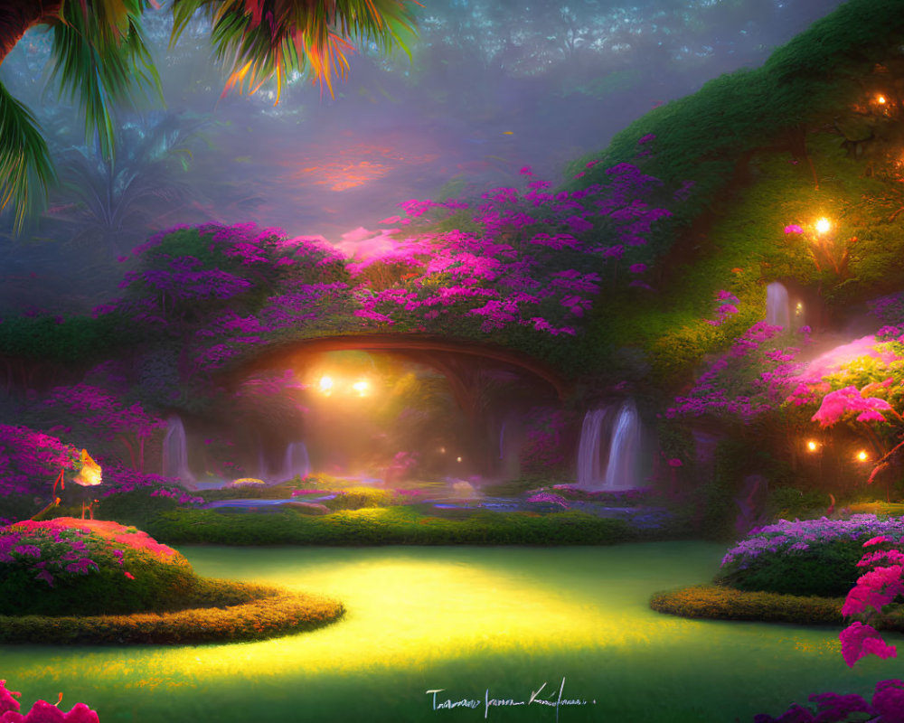 Lush greenery, pink flora, stone bridge, serene waterfalls in enchanted garden