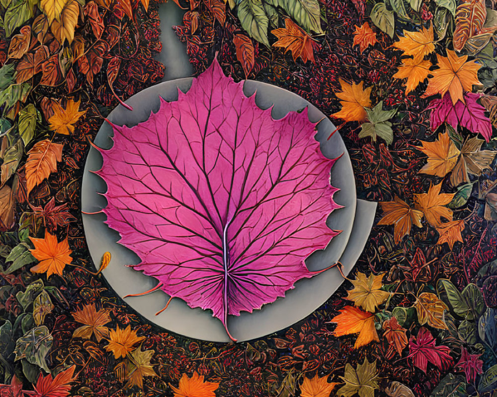 Vibrant Pink Leaf on Gray Stone Among Multicolored Autumn Leaves