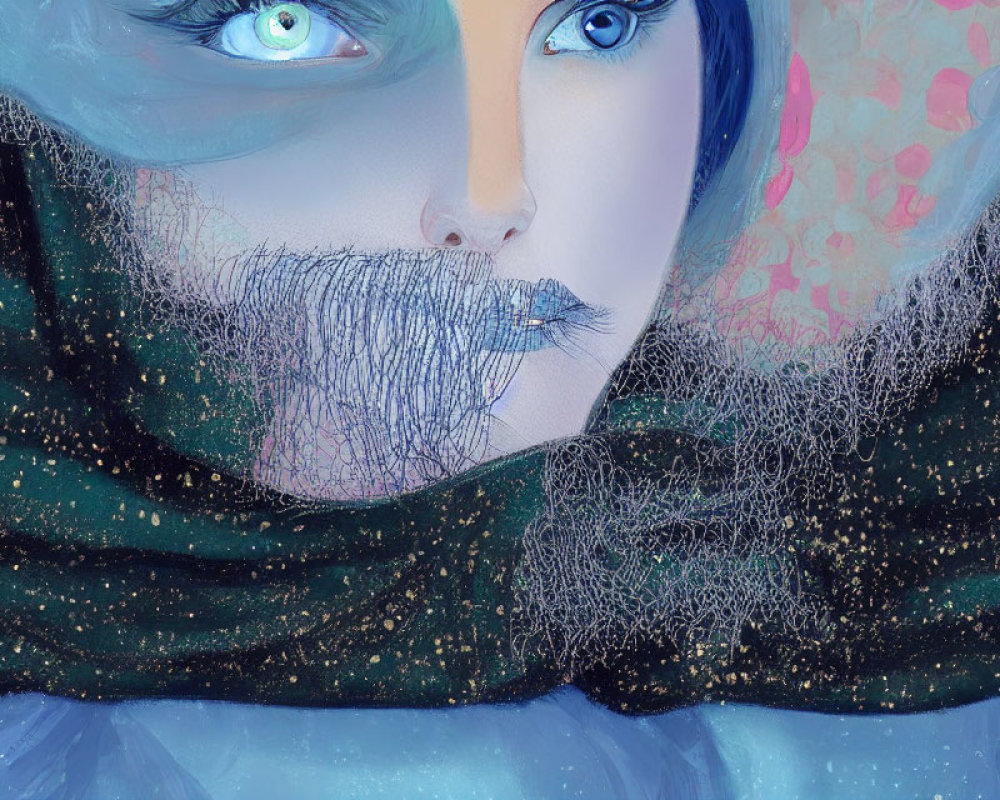 Detailed Illustration: Person with Blue Eyes, Blue Hair, Beard, Wrapped in Starry Teal