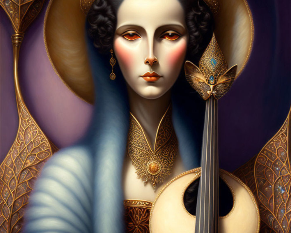 Stylized portrait of woman with blue hair and violin on ornate background