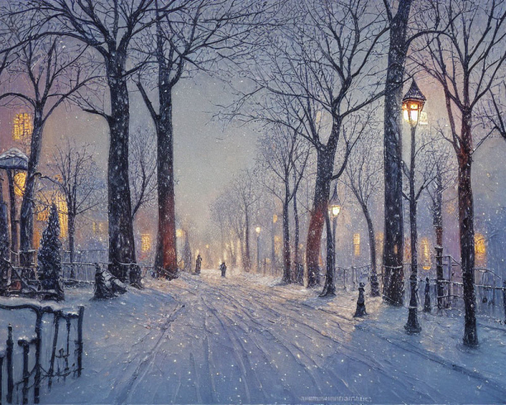 Snow-covered twilight scene with illuminated street lamps and figures walking