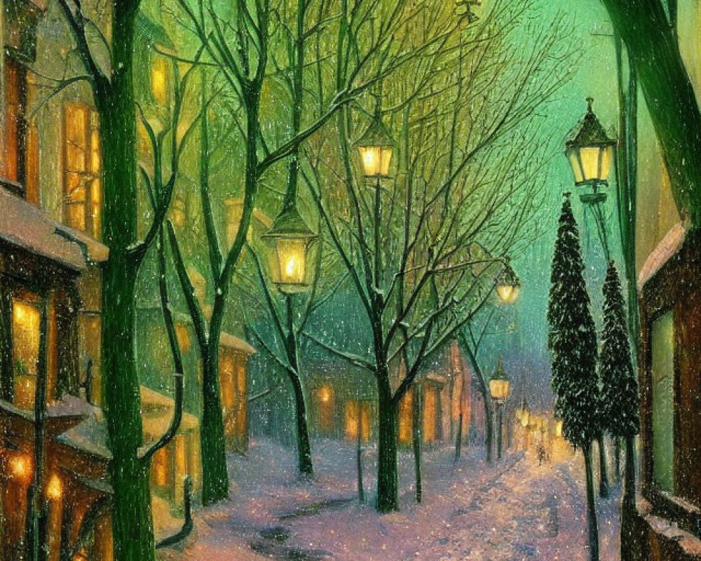 Snowy Street at Dusk with Glowing Street Lamps