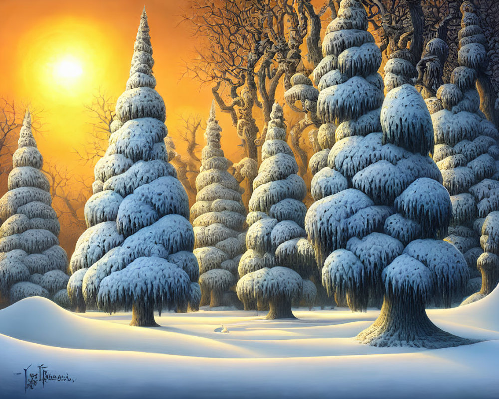 Snow-covered winter landscape with sunset glow and fir trees