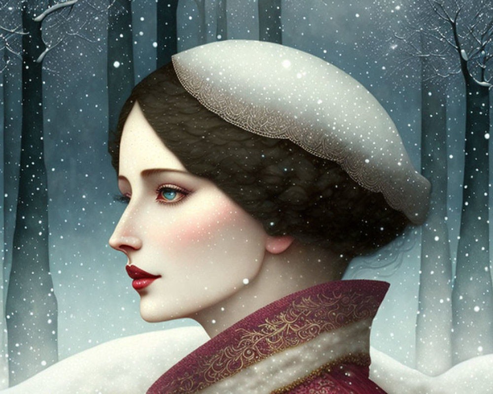 Stylized illustration of pale-skinned woman in snowy wintry landscape