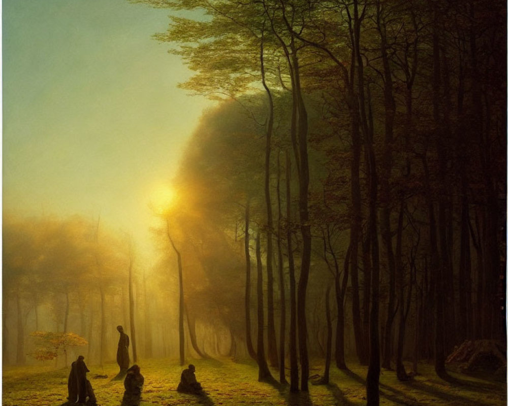 Tranquil forest scene at dawn or dusk with sunlight, mist, trees, shadows, people,