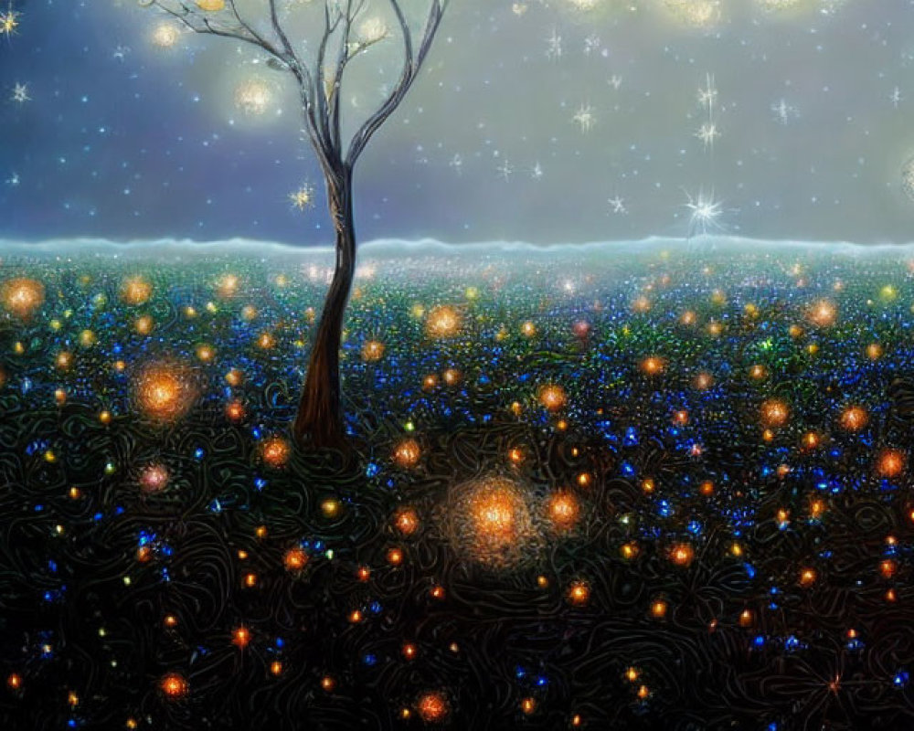 Mystical field with barren tree under starry night sky