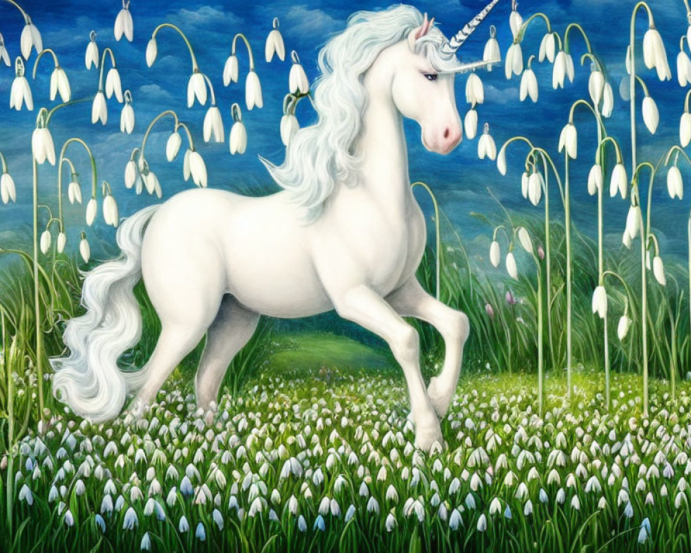 White Unicorn with Flowing Mane in Field of White Flowers