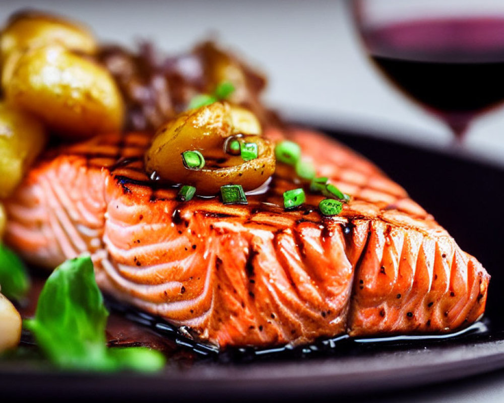 Succulent Grilled Salmon Fillet with Green Onions and Baby Potatoes on Black Plate