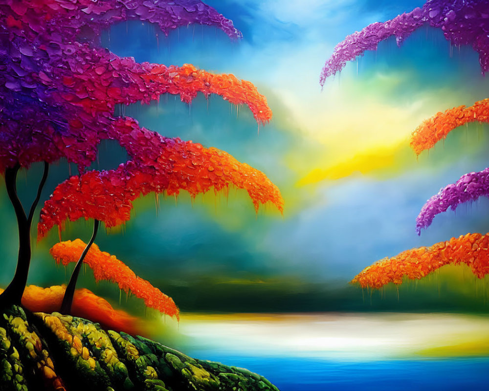 Colorful Tree Painting with Gradient Sky and Water View