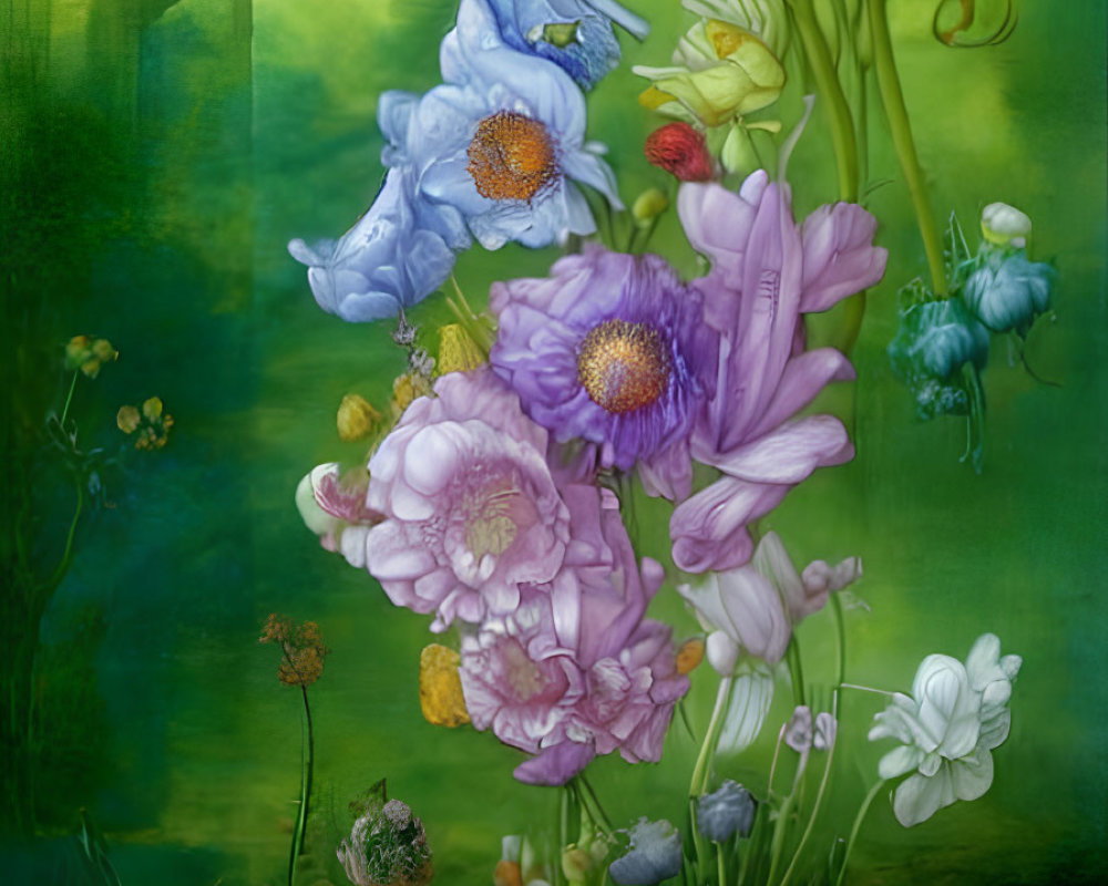 Assorted Purple, Blue, and White Flowers on Soft Green Background