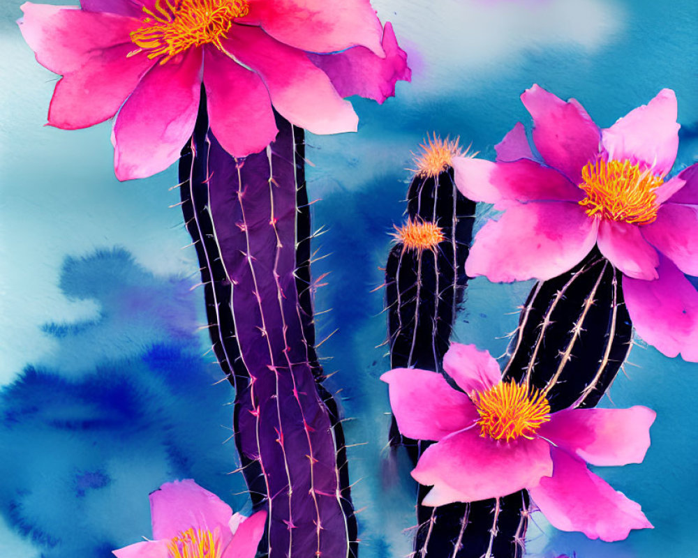 Colorful watercolor painting of blooming cacti on abstract background