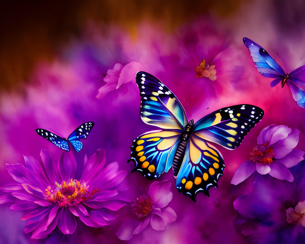 Colorful butterflies and flowers on soft bokeh background