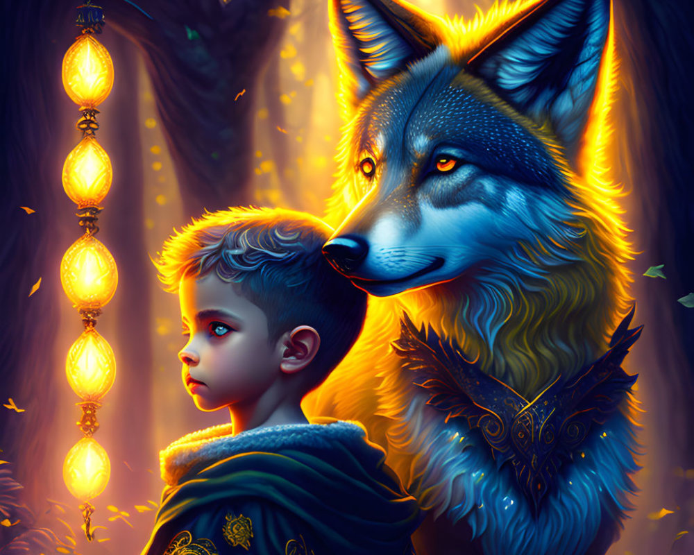 Boy with protective wolf in enchanted forest under golden light