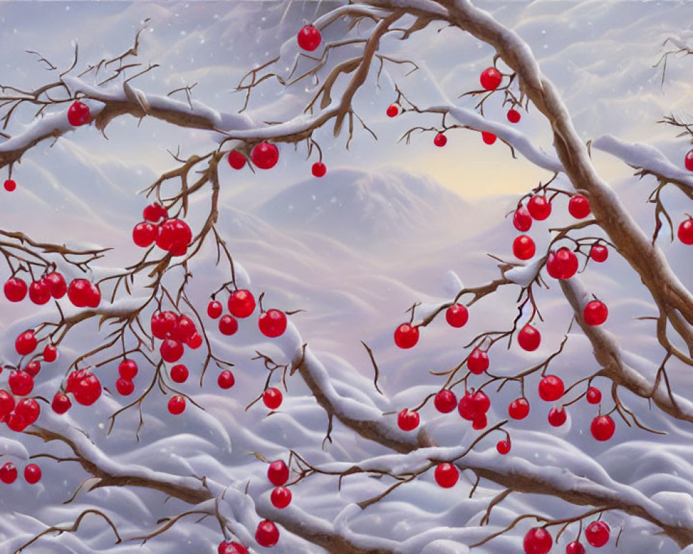 Winter sunrise scene: Snow-covered branches, red berries, pink sky, distant mountains.