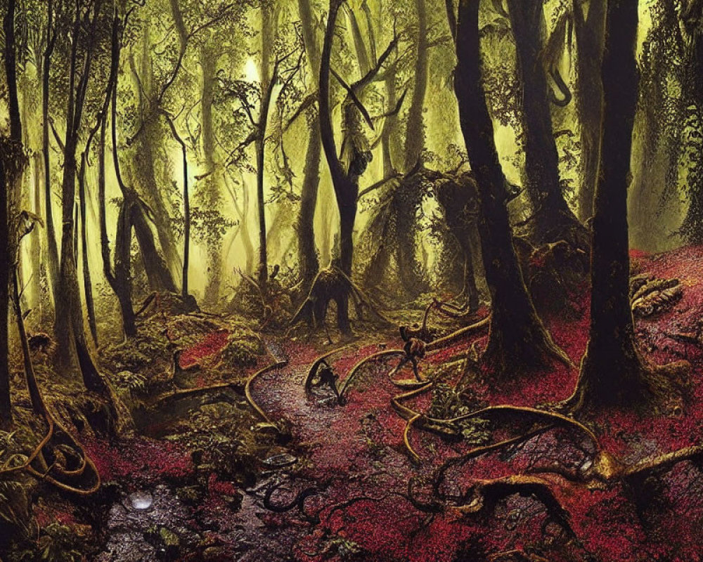 Enchanting forest scene with red foliage, twisted roots, and sunlight beams