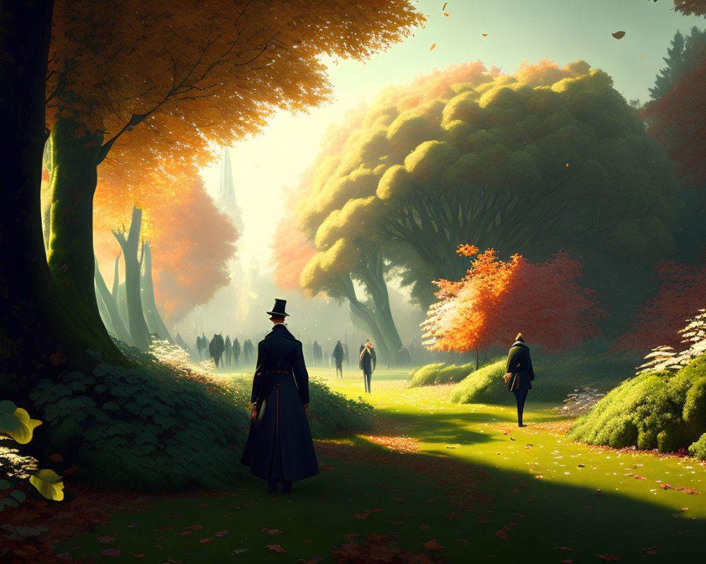 Victorian attire people stroll in luminous autumn park