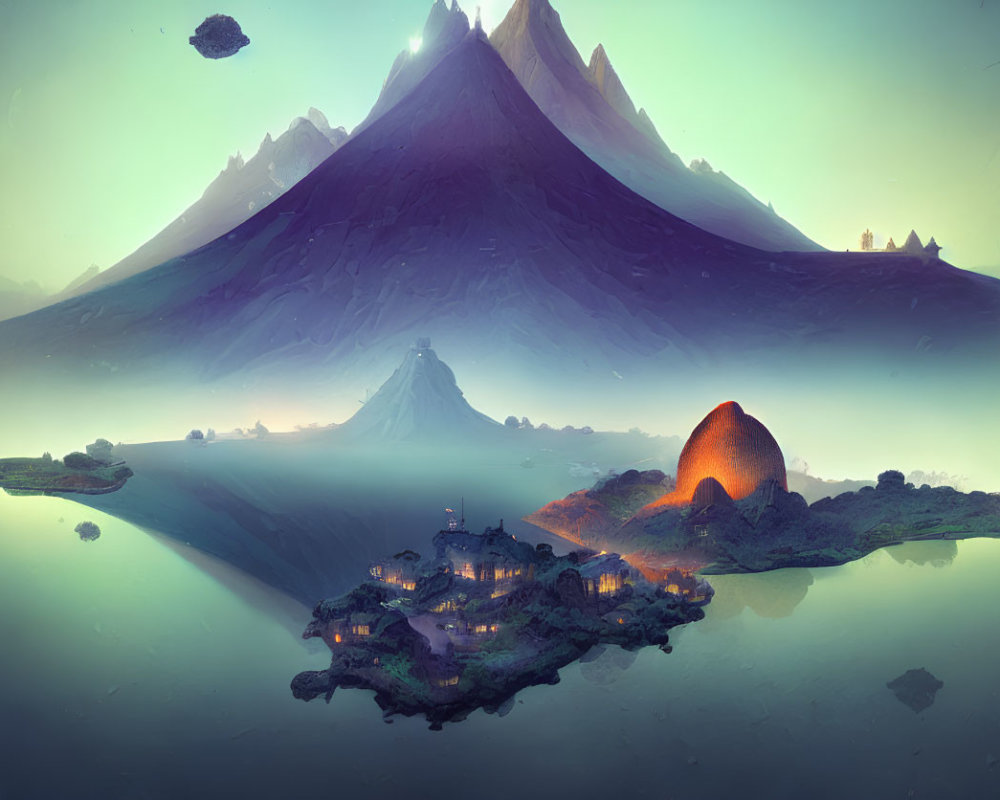 Fantastical landscape with glowing houses, orb, mountains, and reflective waters