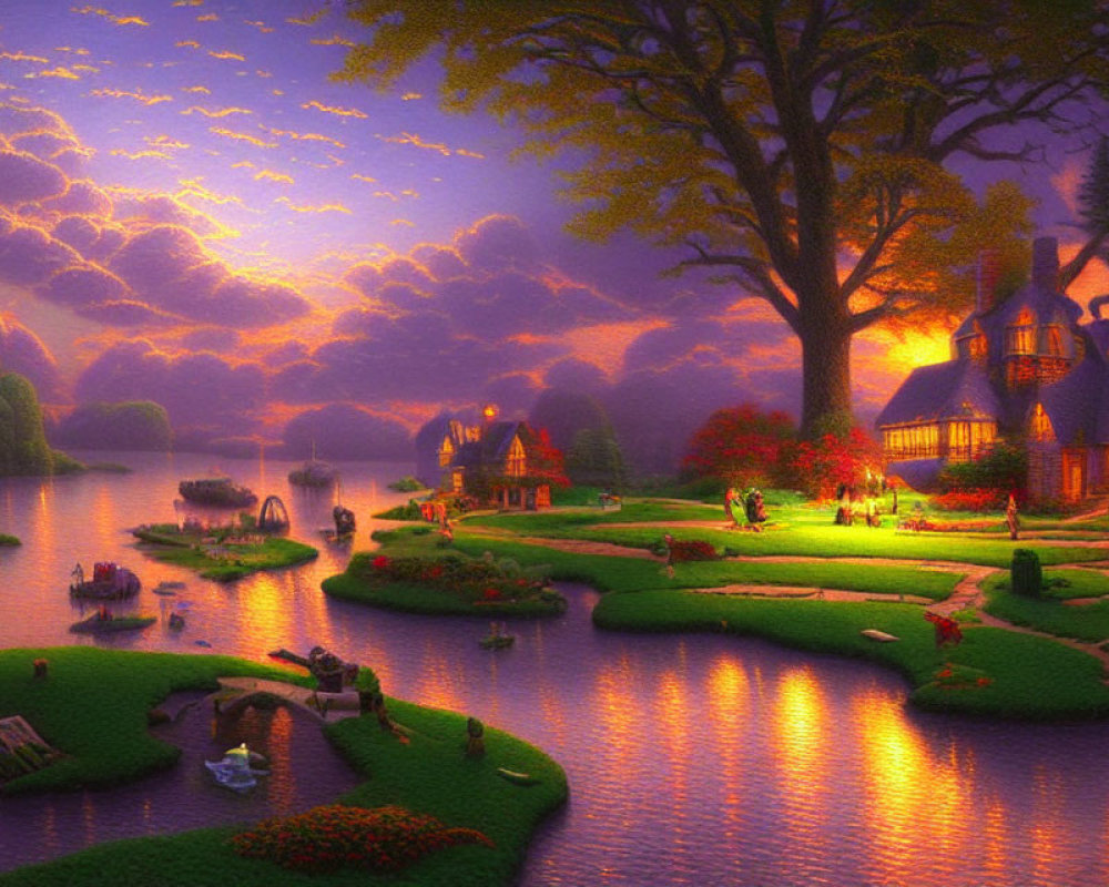 Tranquil evening scene: purple and orange sky, serene lake, cozy cottages, lush green