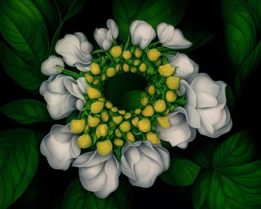 Floral wreath digital artwork with white and yellow petals on black background