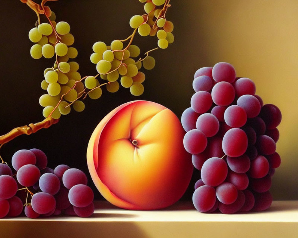 Classic Still Life Painting with Peach and Grapes on Soft Background