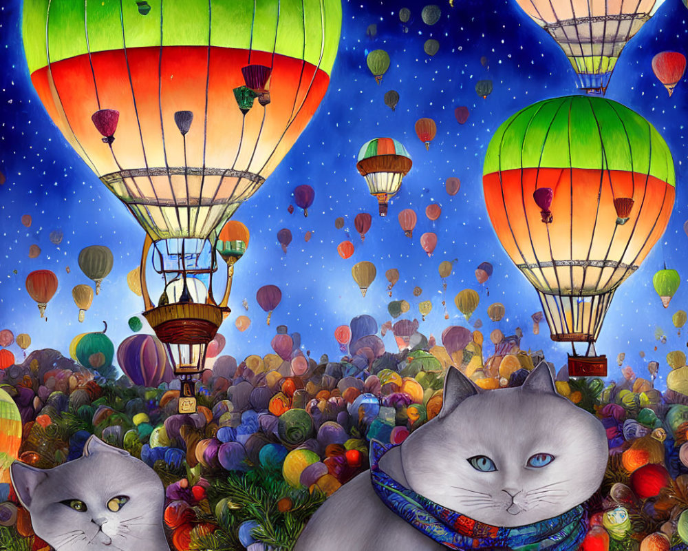 Vibrant hot air balloons with cat faces and pumpkins in night sky