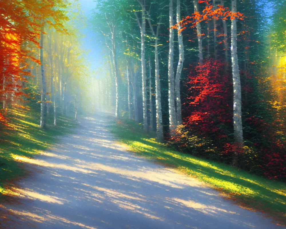 Sunlit Autumn Forest Path with Colorful Trees and Dappled Light