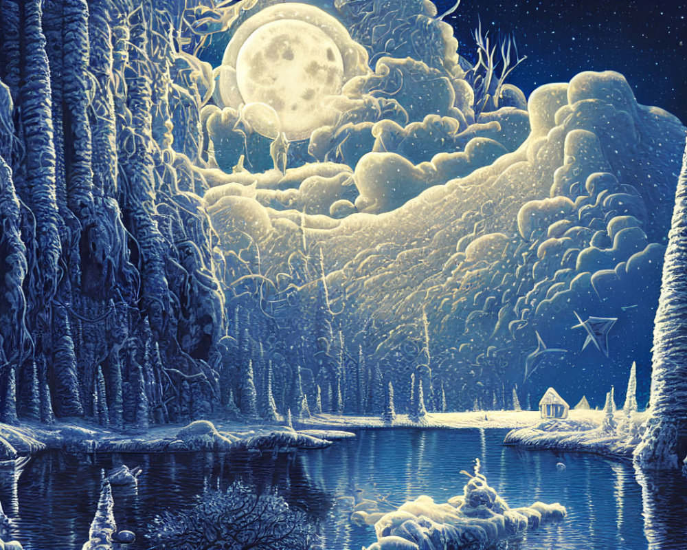 Winter night scene: full moon, snow-covered trees, small house, icy river, starry sky