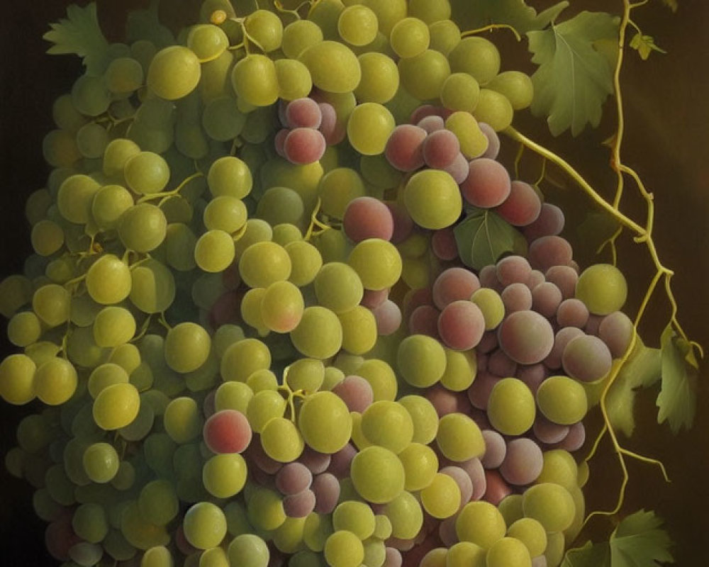 Realistic painting of green and purple grapes on vine against dark background