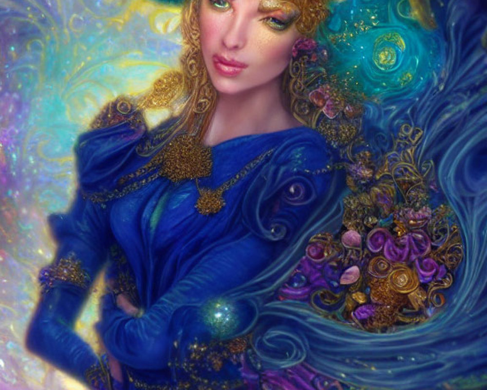 Intricate gold accessories and cosmic blue gown fantasy portrait