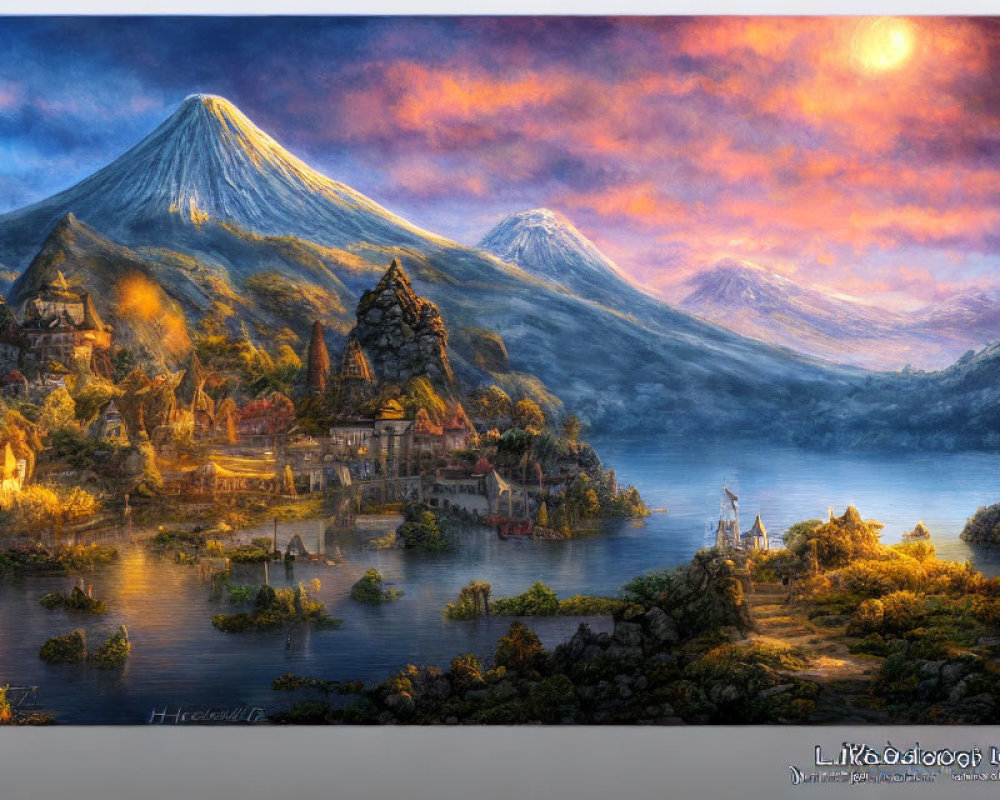 Colorful Fantasy Landscape with Village, Lake, Mountains, and Sky