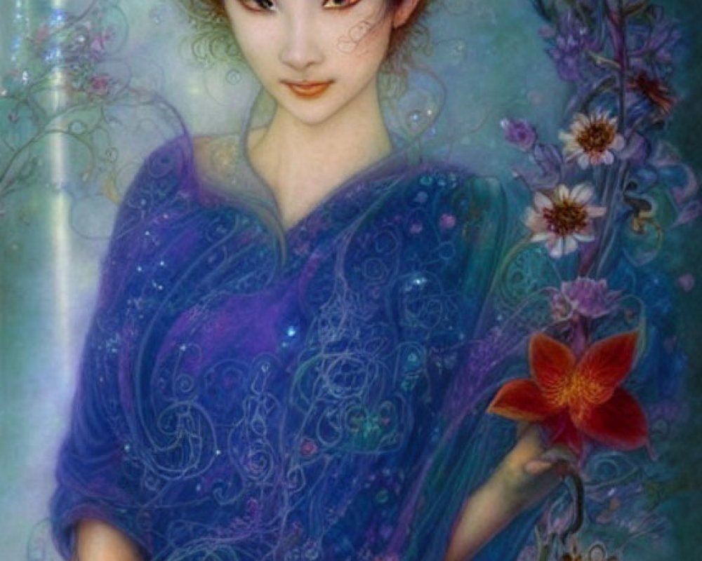 Illustration of a woman in a star-infused purple robe by a flowering vine