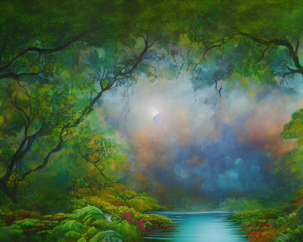 Mystical forest scene with river, dense foliage, mist, and ethereal lights